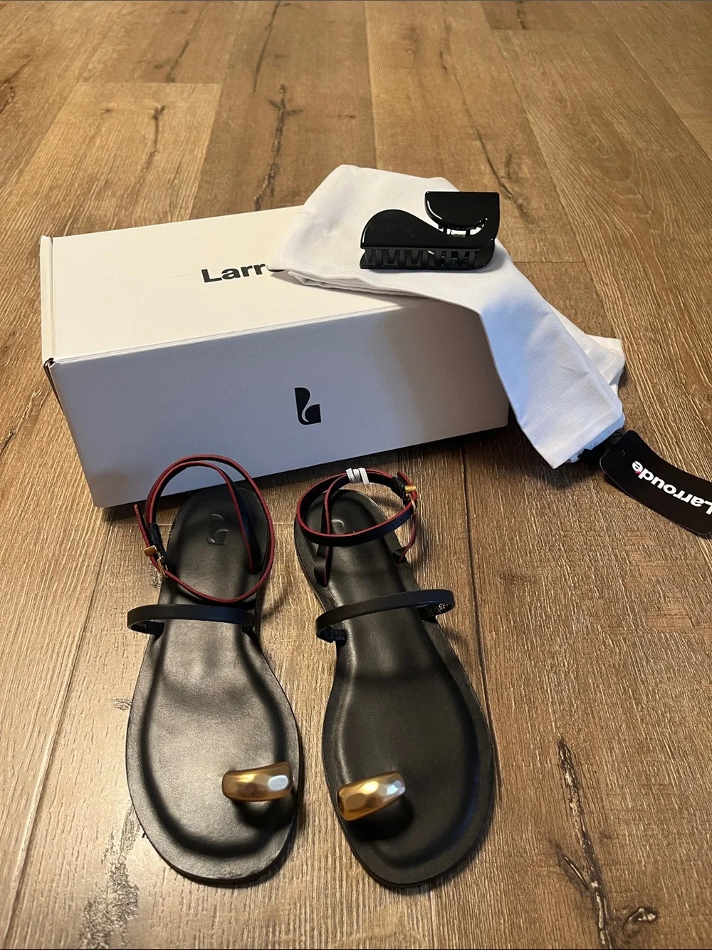 Larroude Black Sandals with Gold Accent